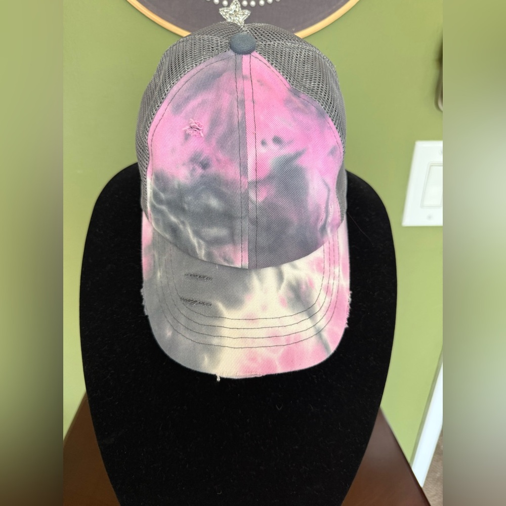 C.C. Tie-Dye Criss-Cross Mesh High Ponytail Ball Cap.